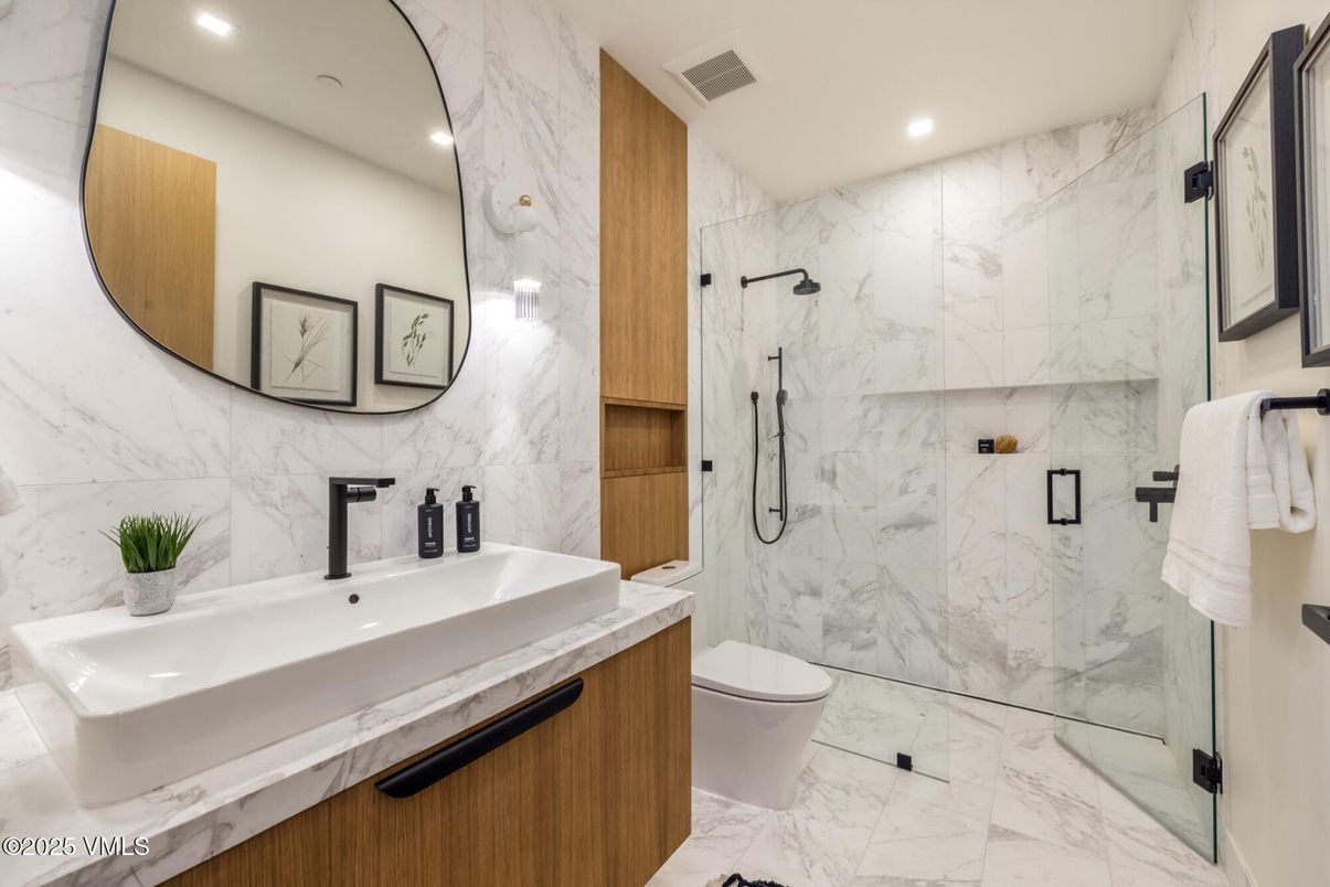 Bathroom, Glass Shower, Interior, Marble, Marble Walls, Recessed Lighting