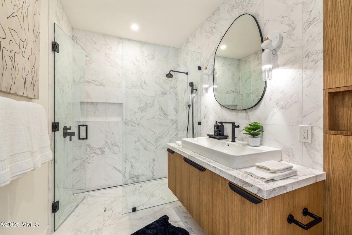 Bathroom, Glass Shower, Interior, Marble, Marble Walls, Recessed Lighting