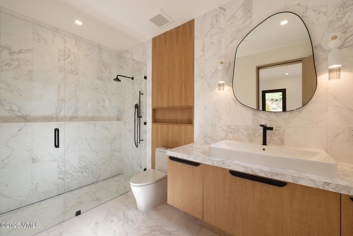 Bathroom, Glass Shower, Interior, Marble, Marble Walls, Recessed Lighting