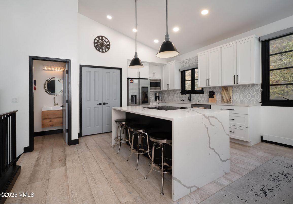 Interior, Kitchen, Pendant Lights, Recessed Lighting, Stainless Steel Appliances, Wood Texture Flooring