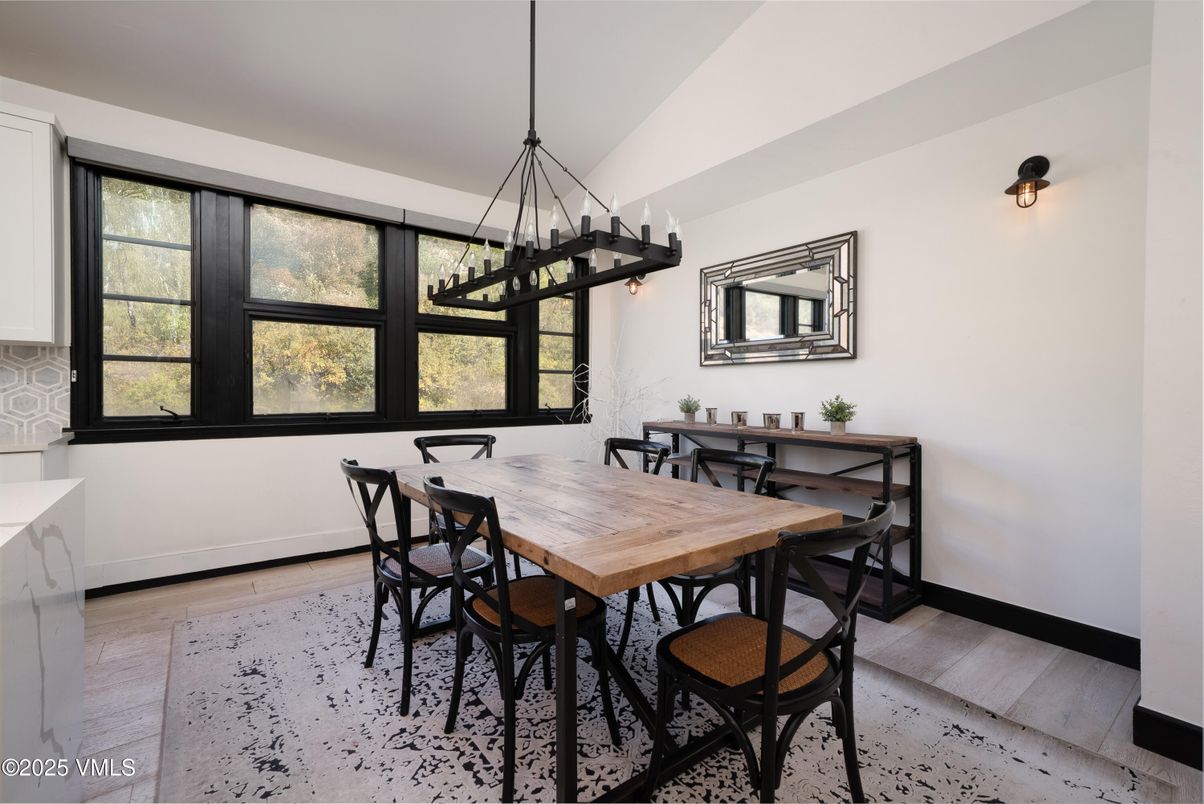 Dining room, Interior, Pendant Lights, Wood Texture Flooring