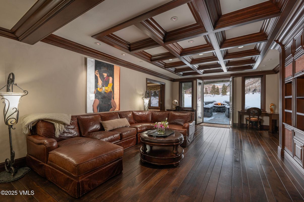 Fireplace, Interior, Living room, Recessed Lighting, Wooden Beams, Wood Texture Flooring