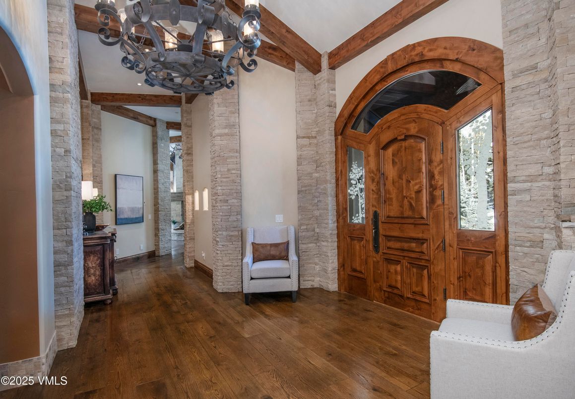 Chandelier, Interior, Stone Walls, Wooden Beams, Wood Texture Flooring