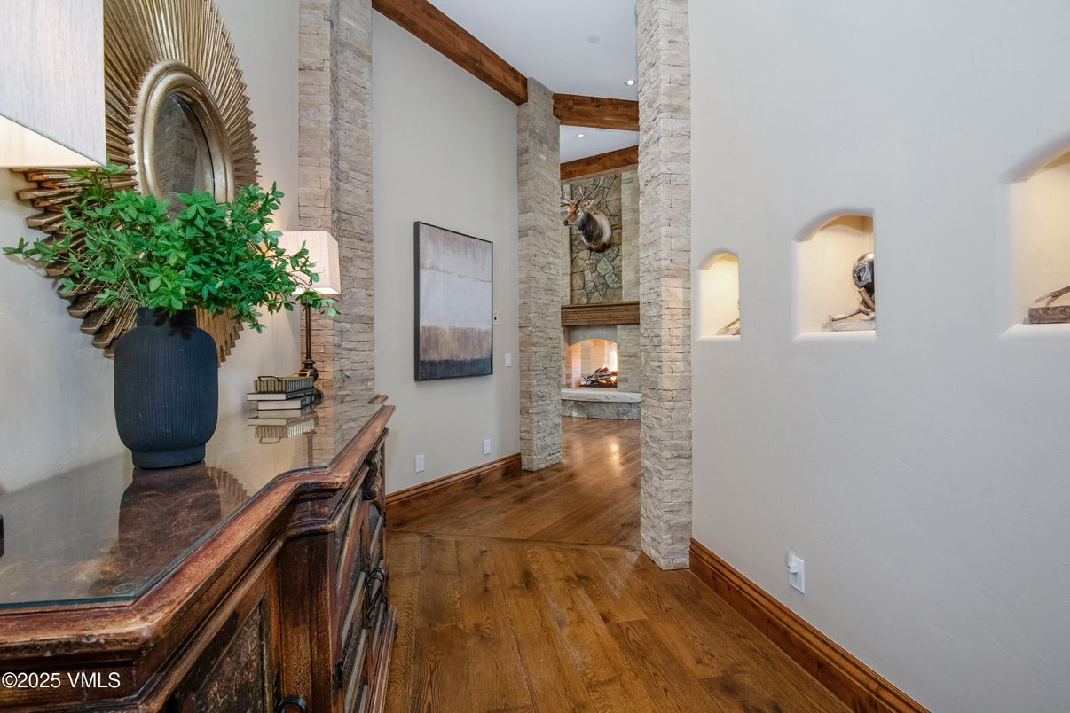 Fireplace, Interior, Recessed Lighting, Stone Walls, Wood Texture Flooring