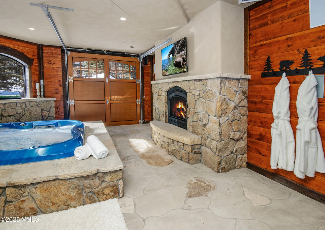 Fireplace, Hot Tub, Interior, Recessed Lighting, Stone Walls, Wooden Walls