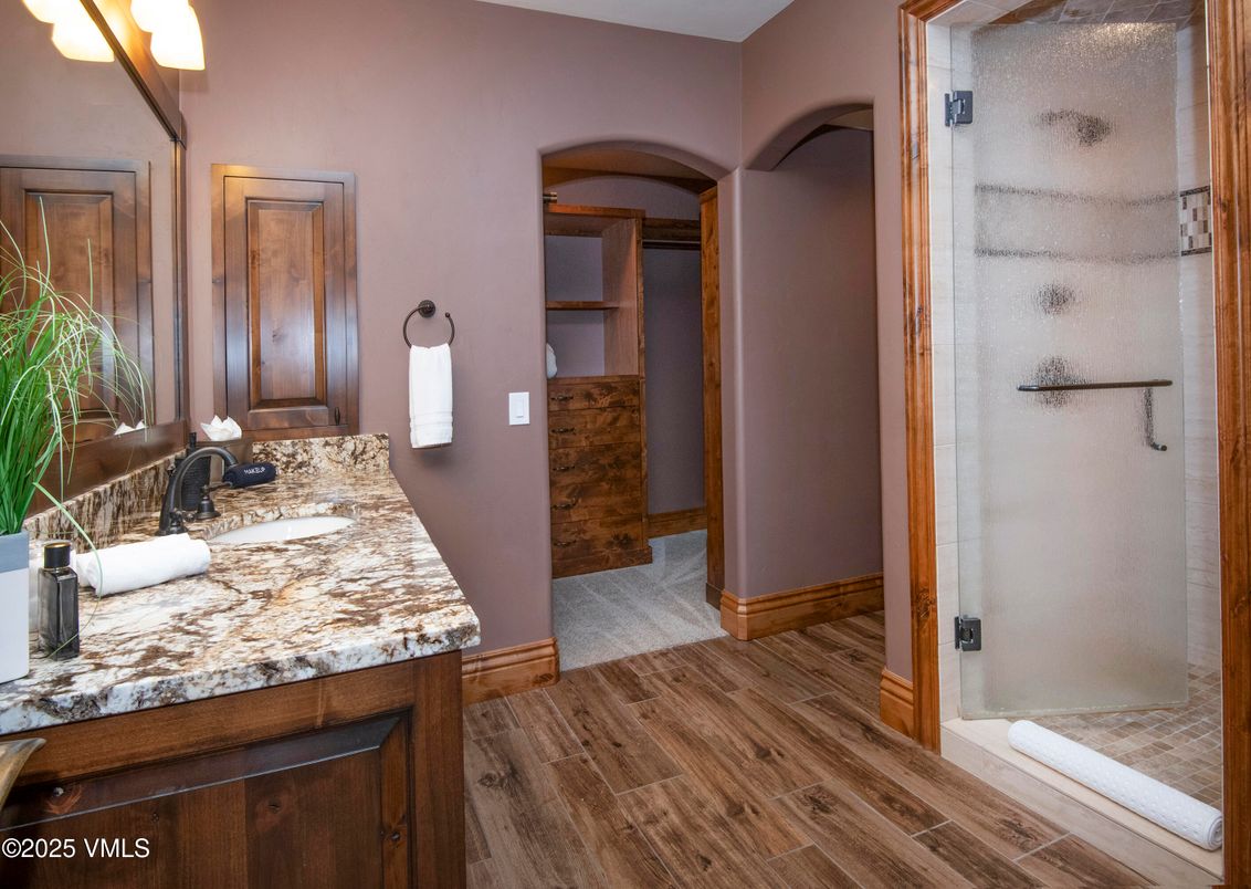 Bathroom, Glass Shower, Interior, Wood Texture Flooring