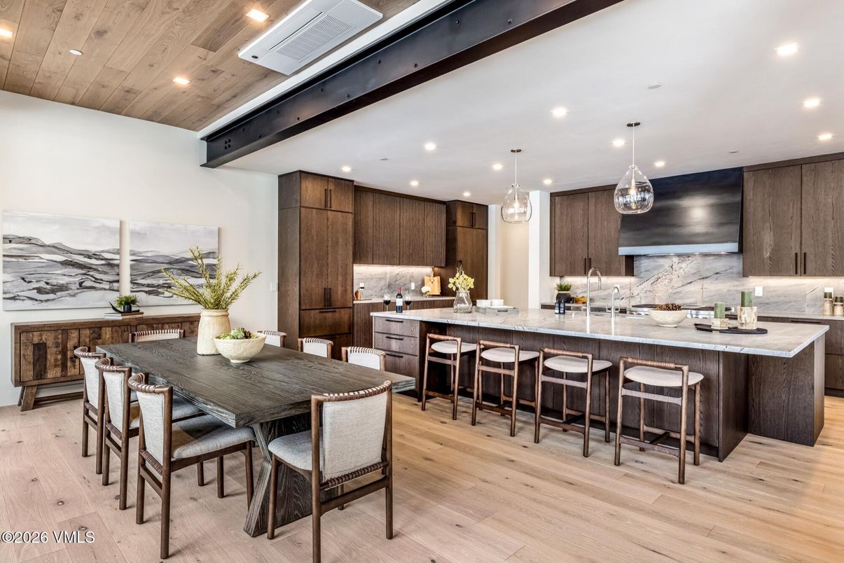 Dining room, Interior, Kitchen, Pendant Lights, Recessed Lighting, Stainless Steel Appliances, Wooden Ceilings, Wood Texture Flooring