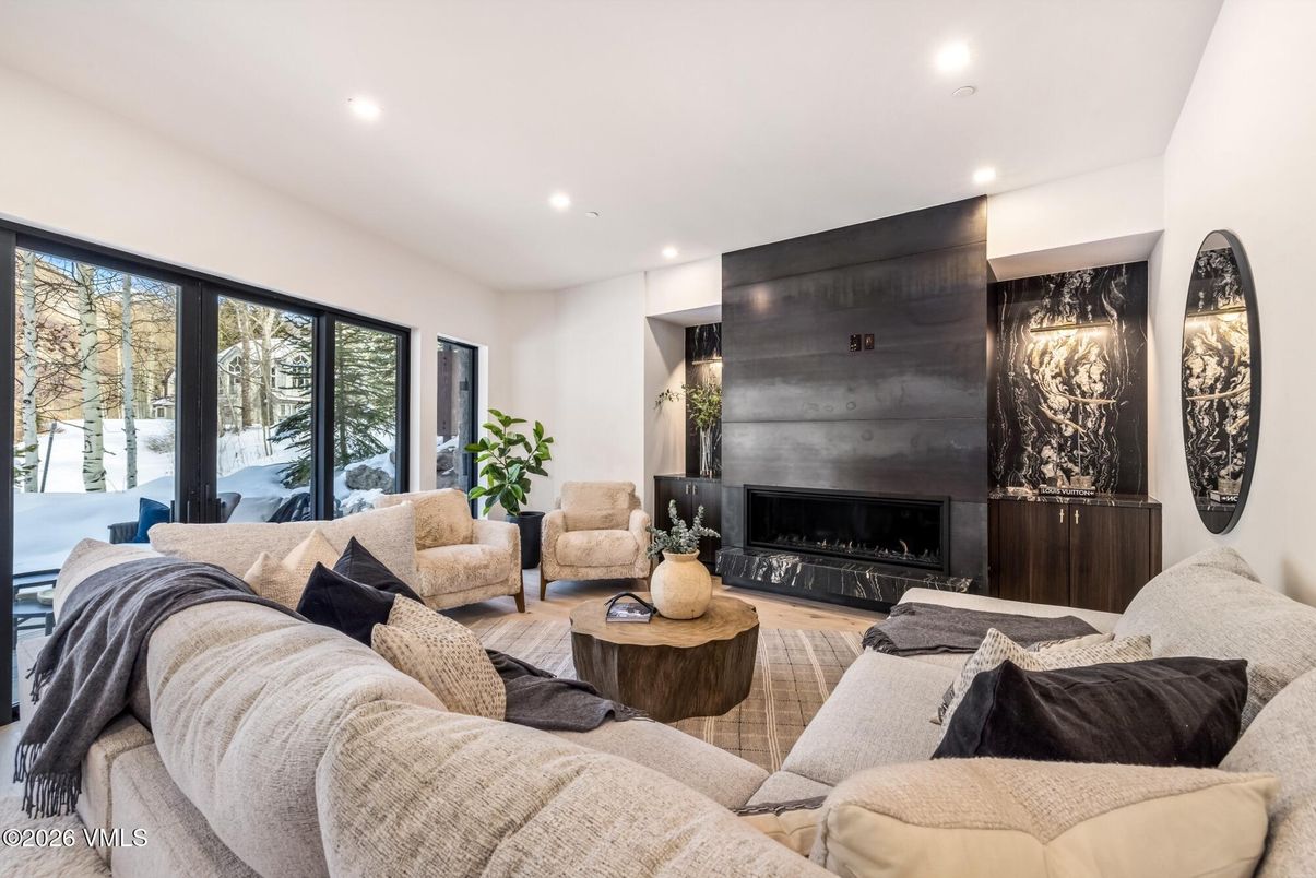 Fireplace, Interior, Living room, Recessed Lighting, Wood Texture Flooring