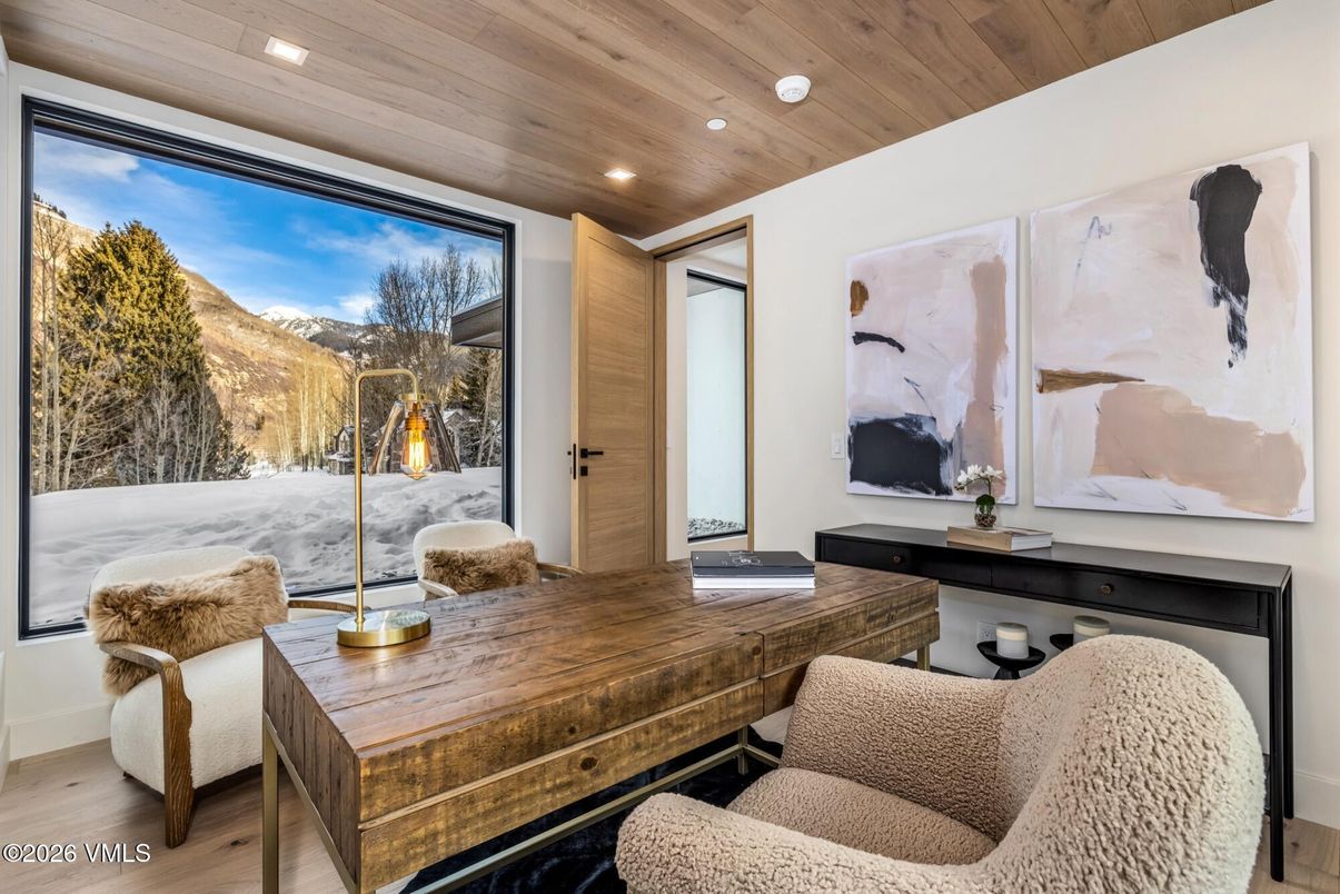 Home Office, Interior, Recessed Lighting, Wooden Ceilings, Wood Texture Flooring