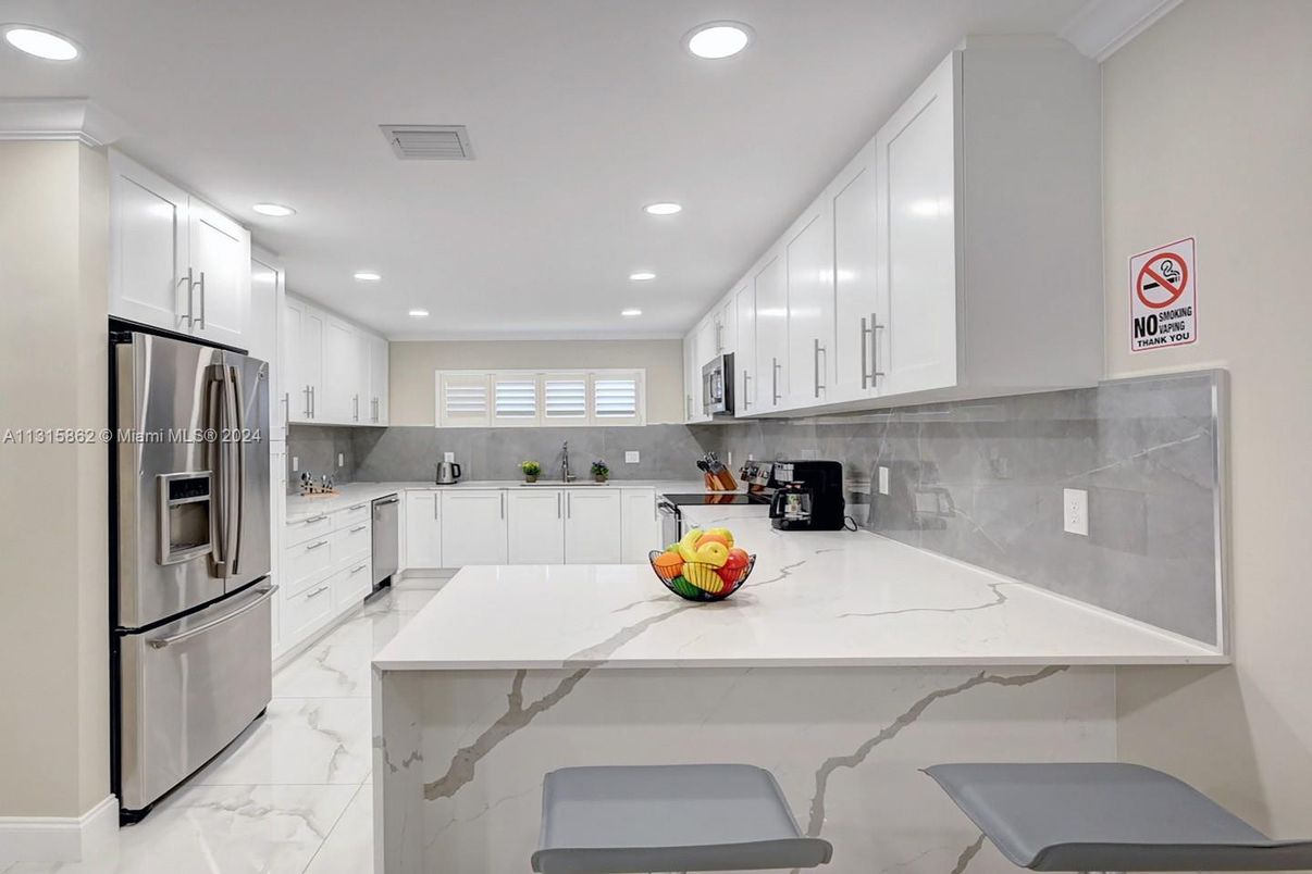 Interior, Kitchen, Marble, Recessed Lighting, Stainless Steel Appliances