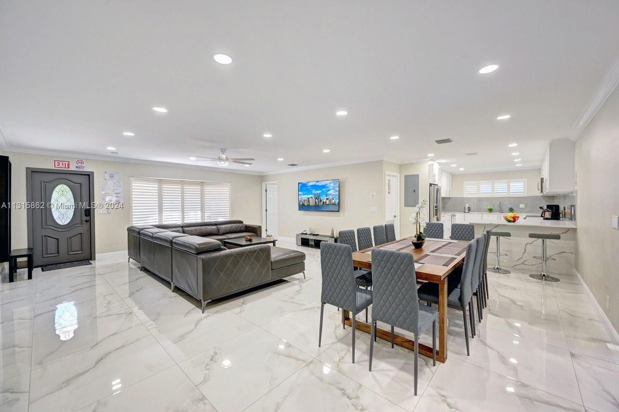 Dining room, Interior, Kitchen, Living room, Marble, Recessed Lighting