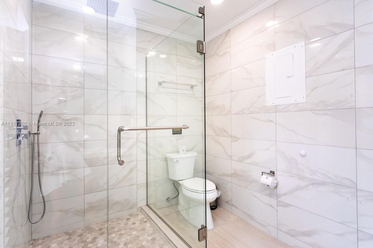 Bathroom, Glass Shower, Interior, Marble Walls, Recessed Lighting