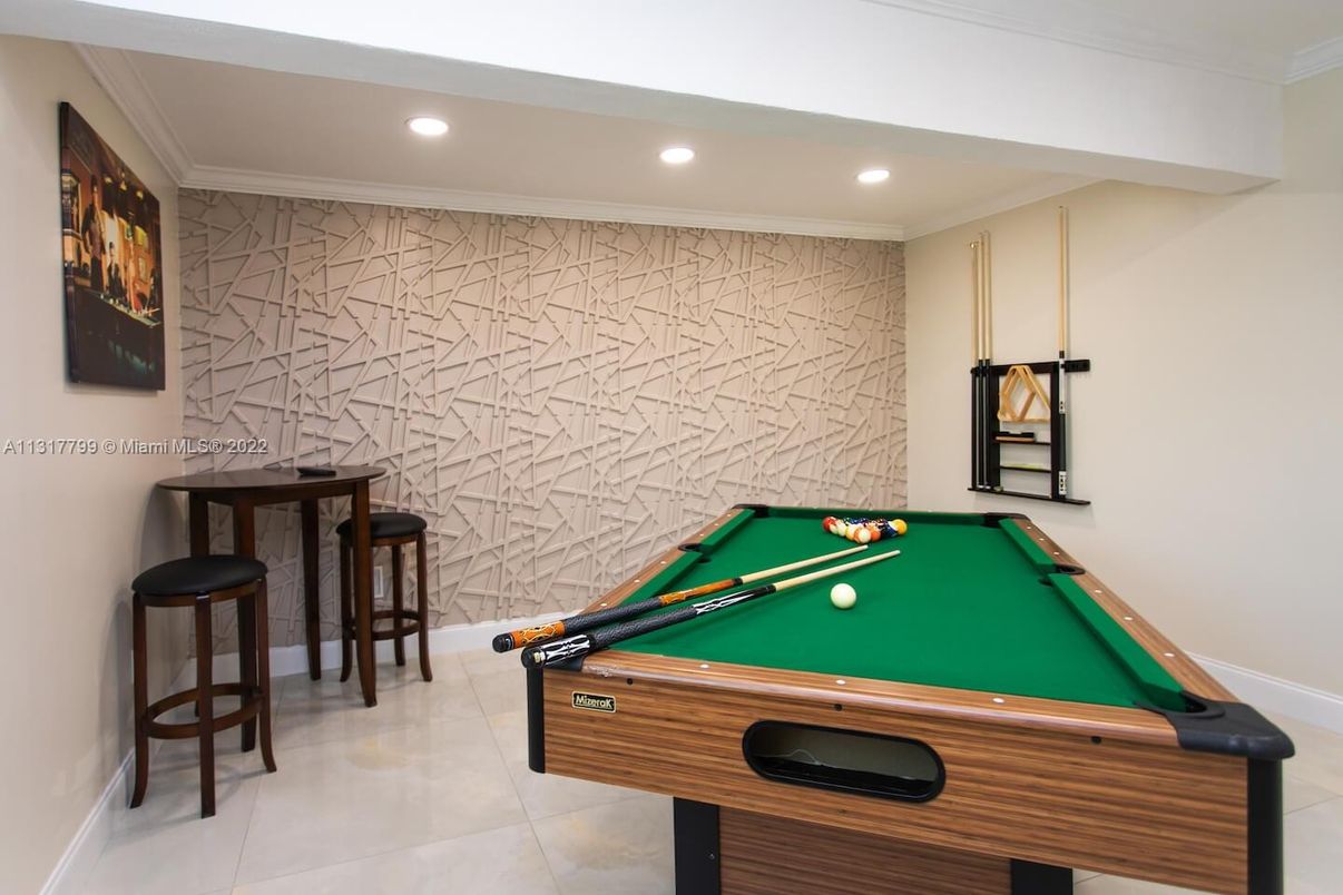 Billiard Table, Game Room, Interior, Recessed Lighting, Stone Walls
