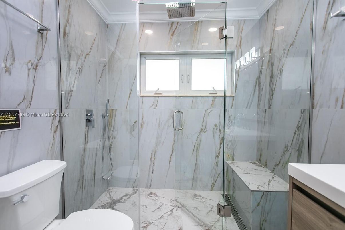 Bathroom, Glass Shower, Interior, Marble, Marble Walls, Recessed Lighting