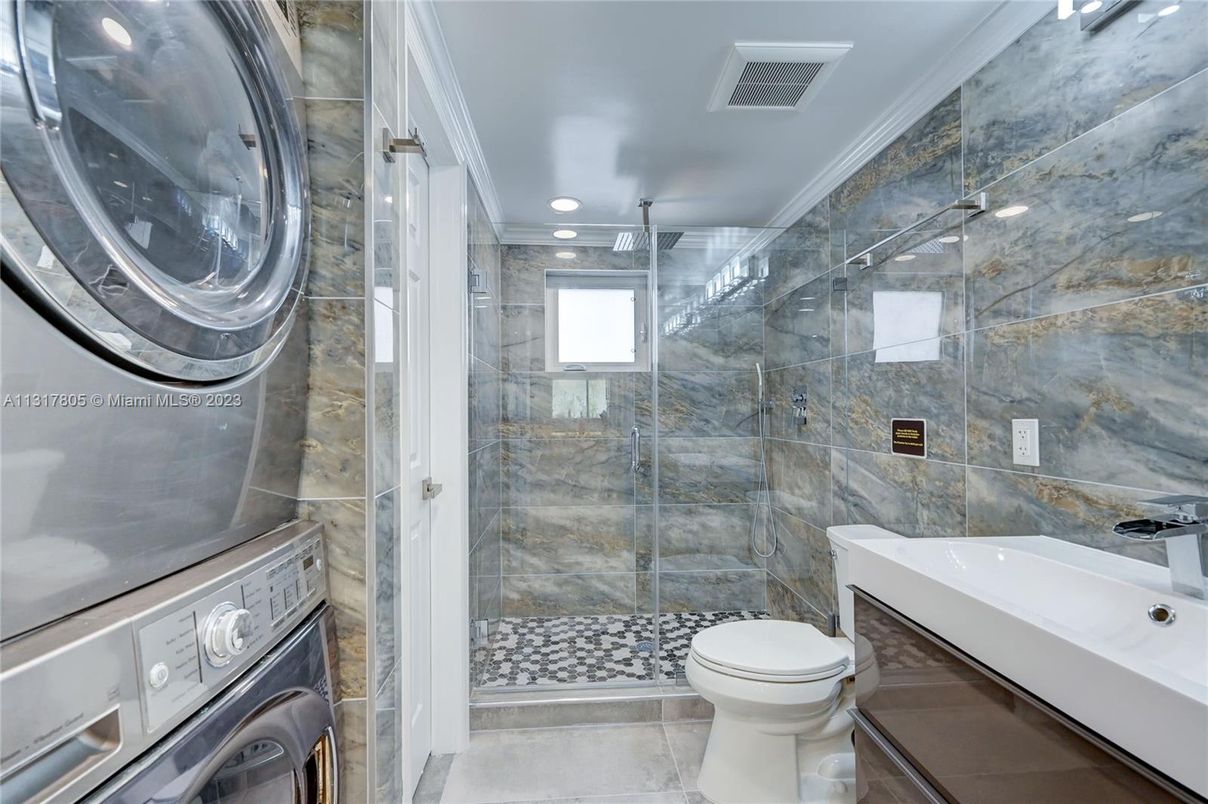 Bathroom, Glass Shower, Interior, Recessed Lighting, Washer