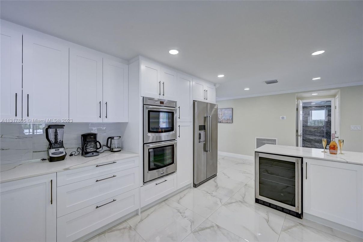 Interior, Kitchen, Marble, Recessed Lighting, Stainless Steel Appliances
