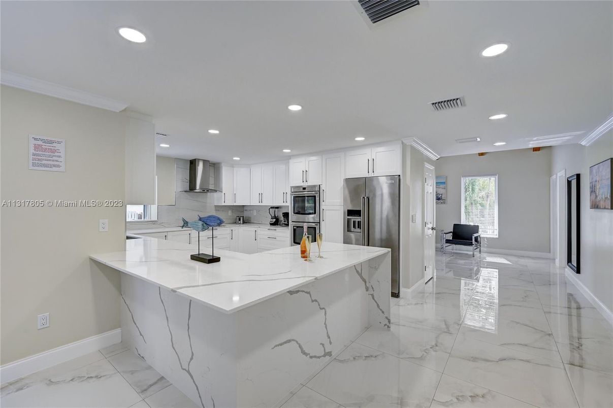 Interior, Kitchen, Marble, Recessed Lighting, Stainless Steel Appliances