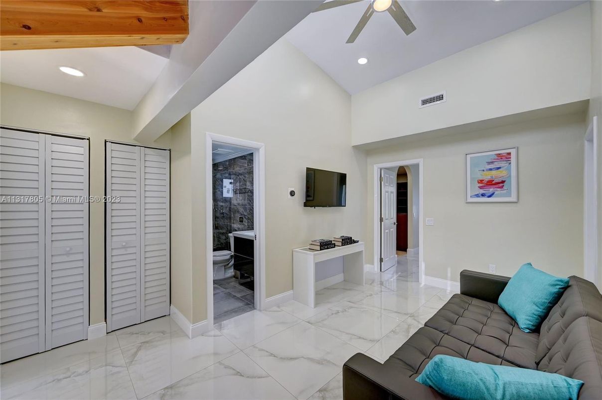 Bathroom, Interior, Marble, Recessed Lighting, Wooden Beams