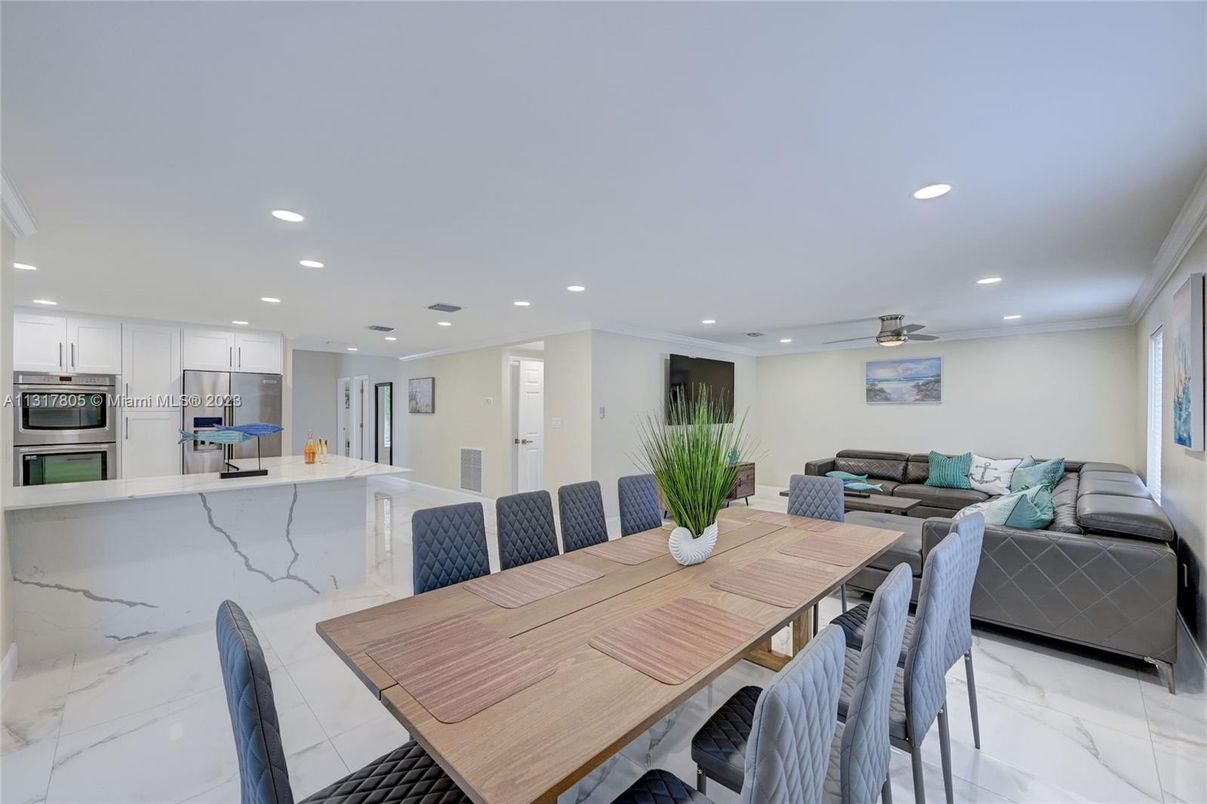 Dining room, Interior, Kitchen, Living room, Marble, Recessed Lighting, Stainless Steel Appliances