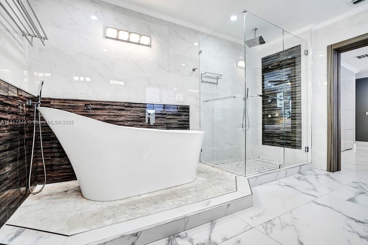 Bathroom, Free Standing Baths, Glass Shower, Interior, Marble, Marble Walls, Recessed Lighting
