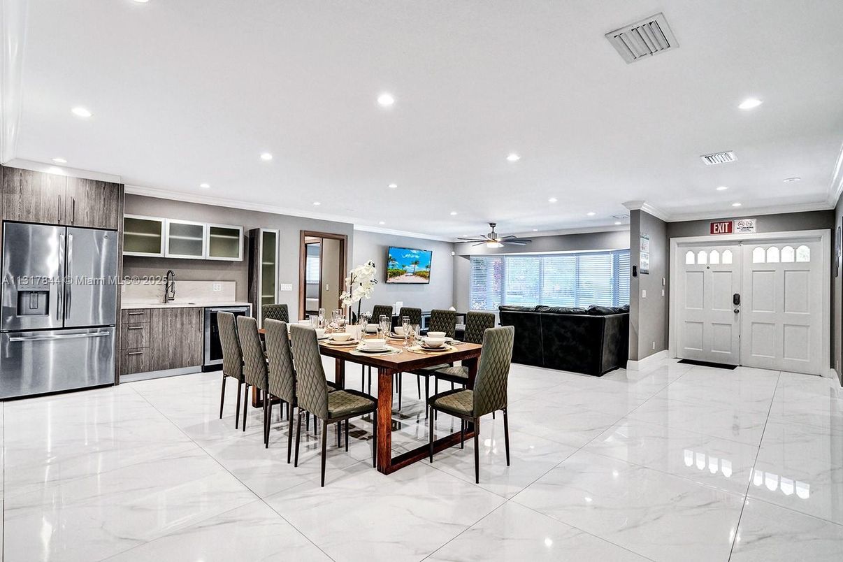 Dining room, Interior, Kitchen, Living room, Marble, Recessed Lighting, Stainless Steel Appliances