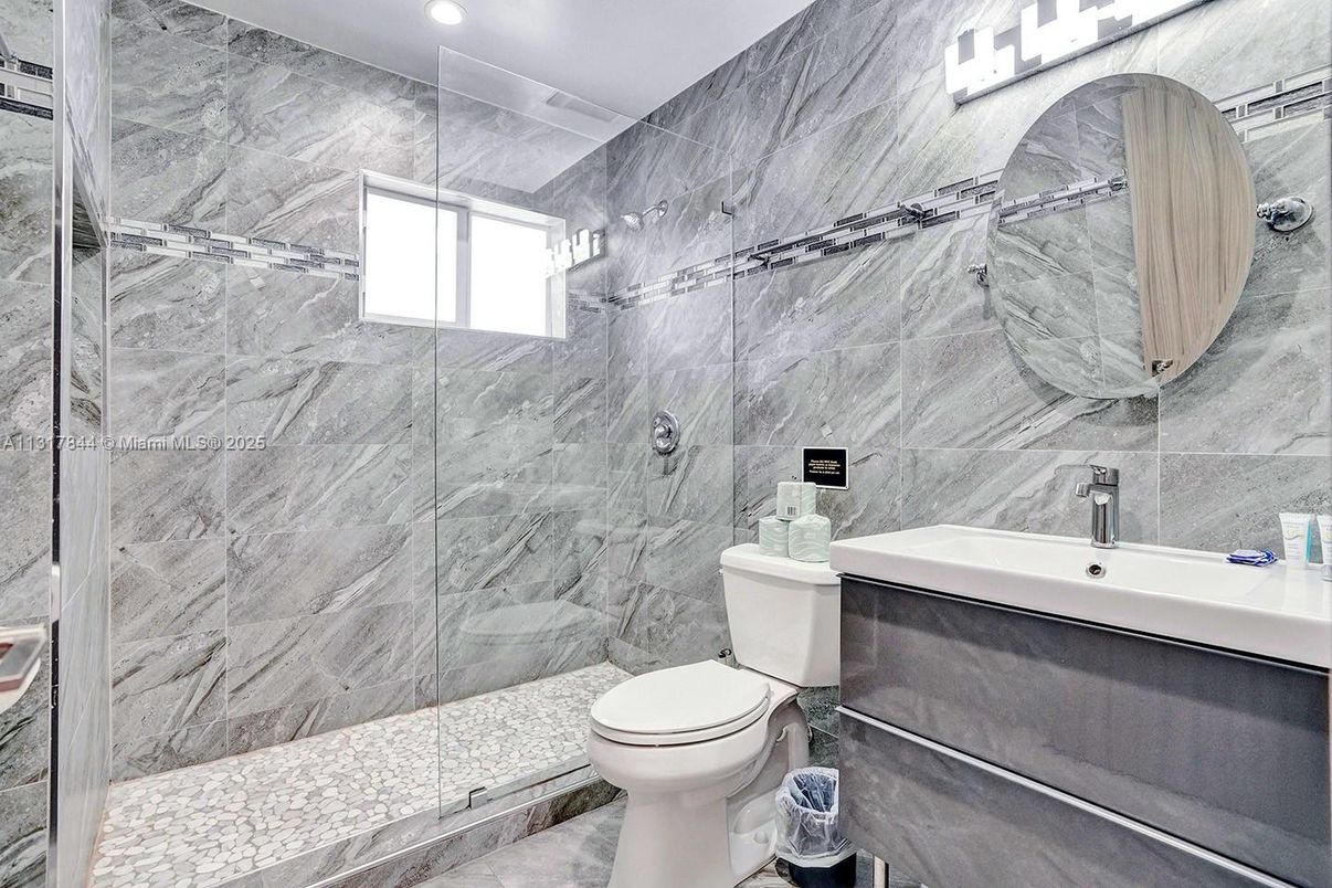 Bathroom, Glass Shower, Interior, Marble Walls, Recessed Lighting