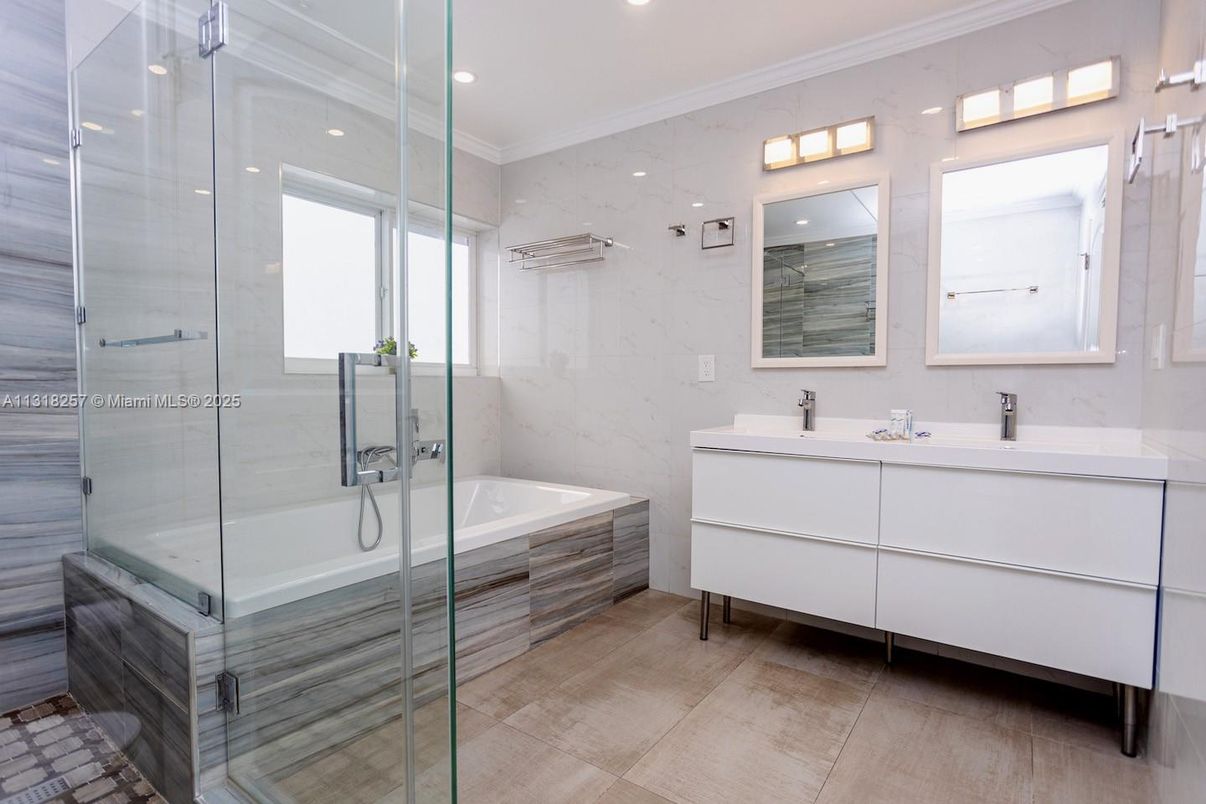 Bathroom, Dual Sink Vanities, Glass Shower, Interior, Recessed Lighting