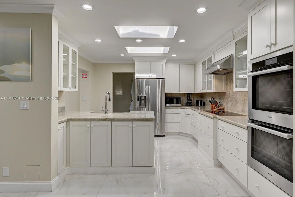 Interior, Kitchen, Marble, Recessed Lighting, Stainless Steel Appliances