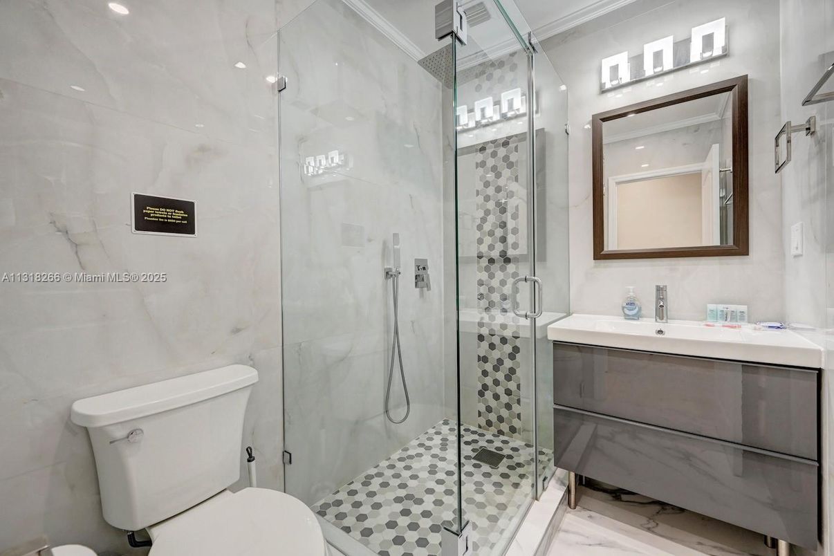 Bathroom, Glass Shower, Interior, Marble Walls, Recessed Lighting