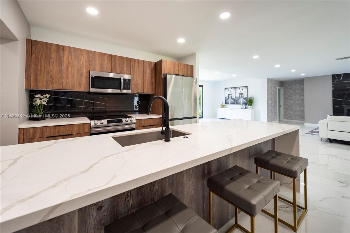 Interior, Kitchen, Marble, Recessed Lighting, Stainless Steel Appliances