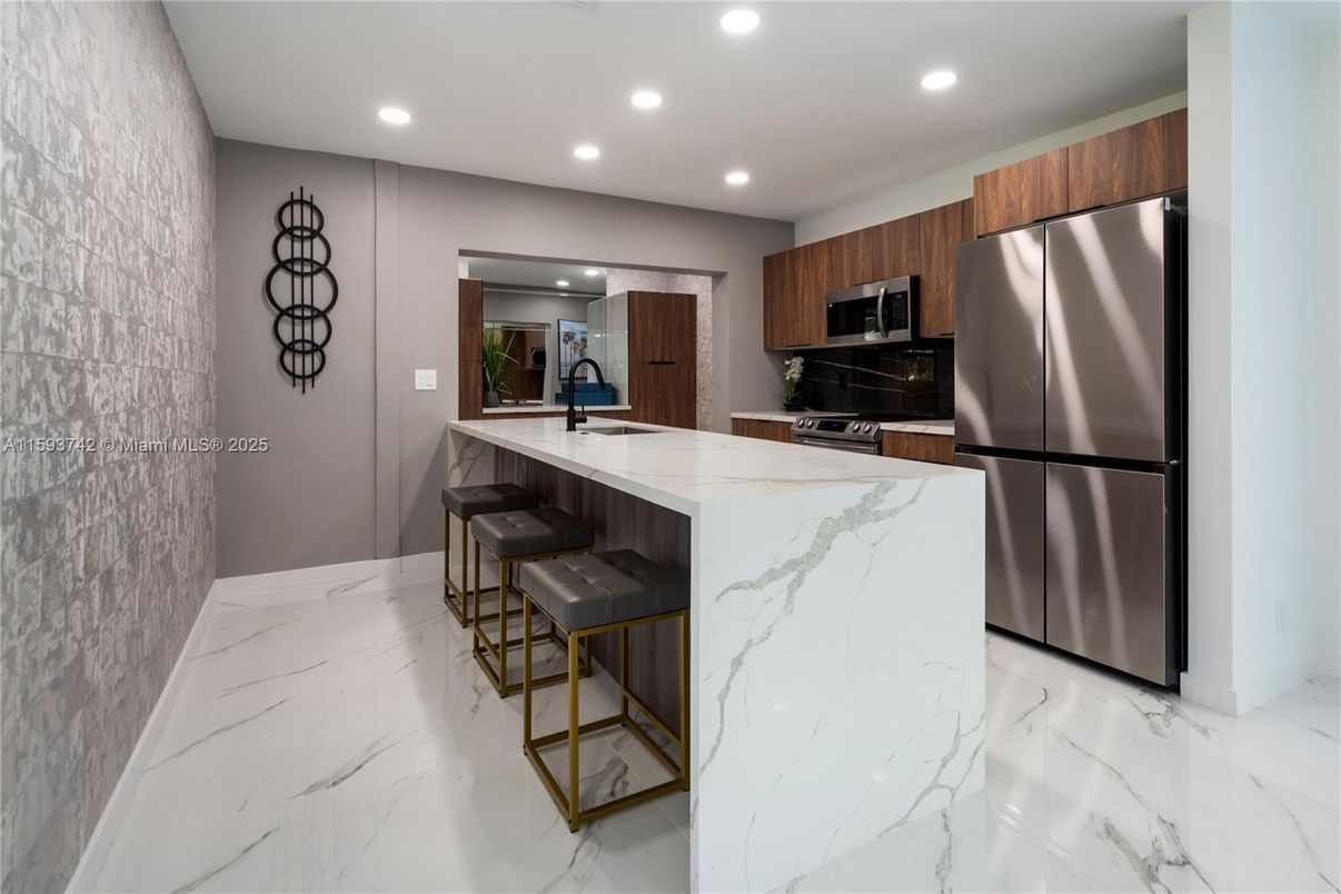 Interior, Kitchen, Marble, Recessed Lighting, Stainless Steel Appliances