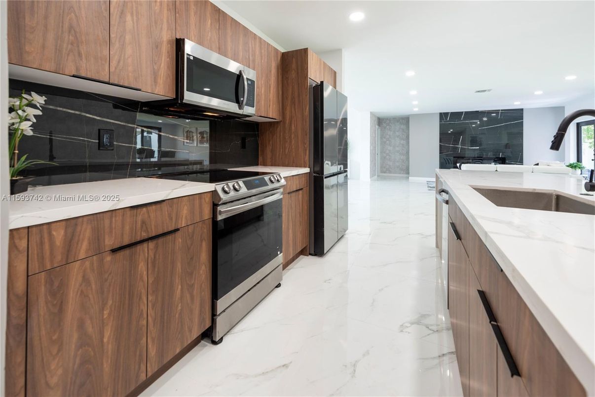Interior, Kitchen, Marble, Recessed Lighting, Stainless Steel Appliances