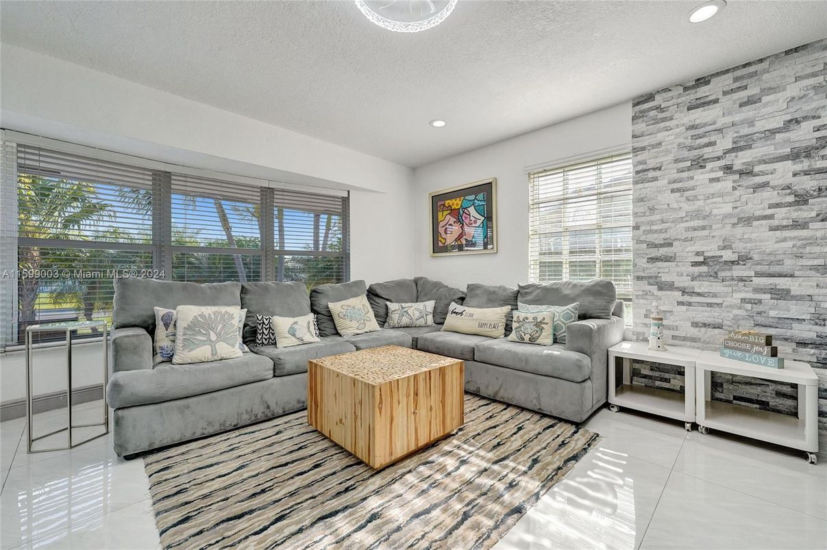 Interior, Living room, Recessed Lighting, Stone Walls