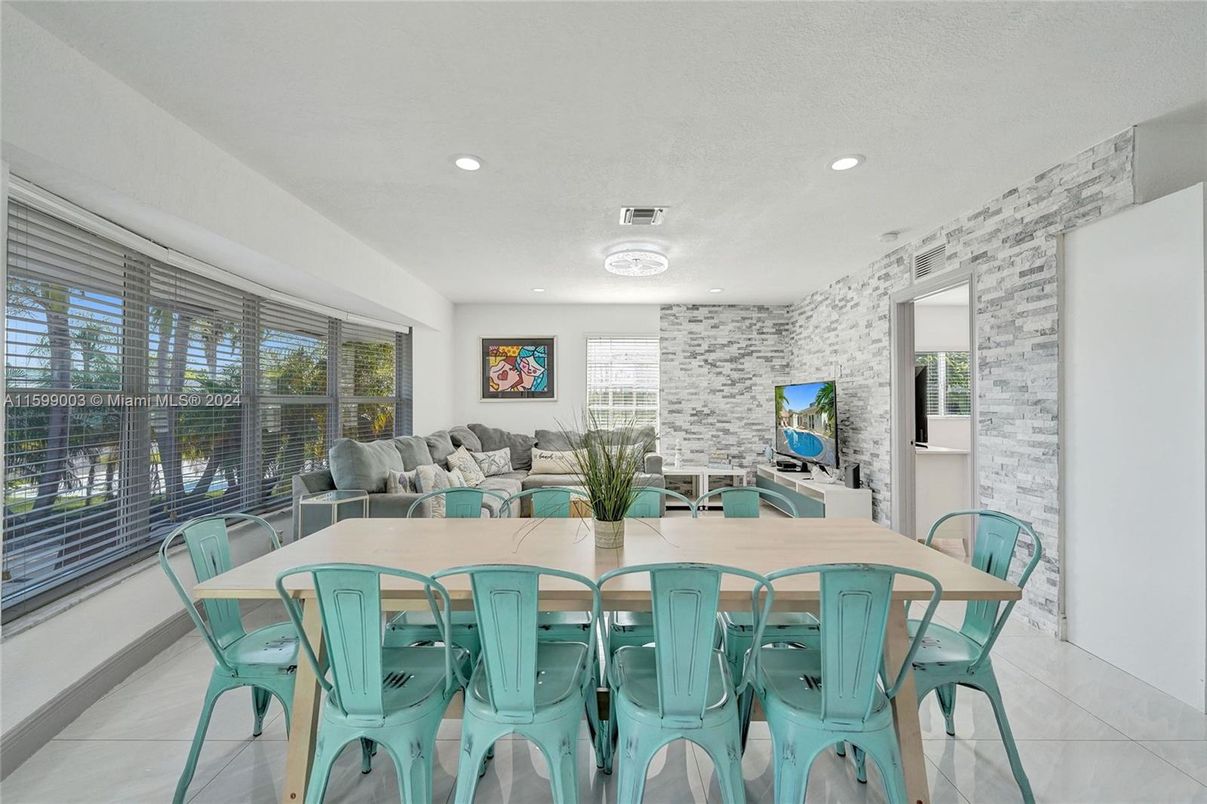 Dining room, Interior, Living room, Recessed Lighting, Stone Walls