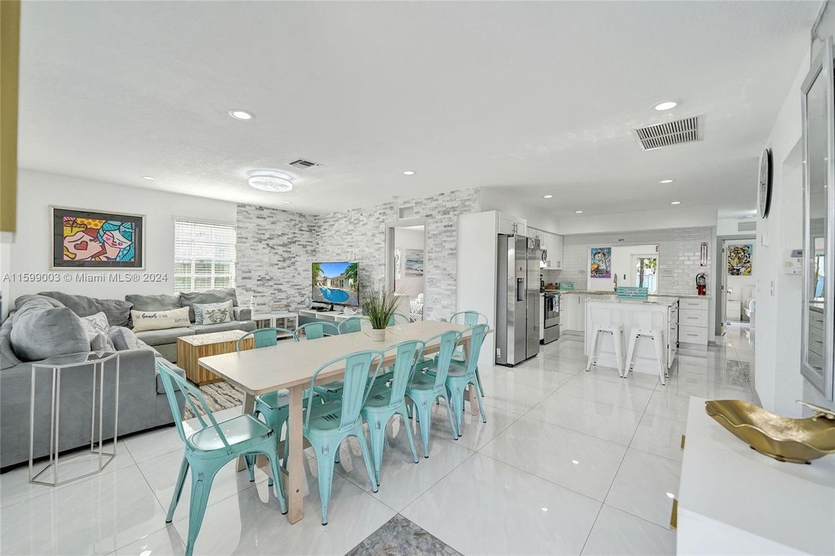 Dining room, Interior, Kitchen, Living room, Recessed Lighting, Stainless Steel Appliances, Stone Walls