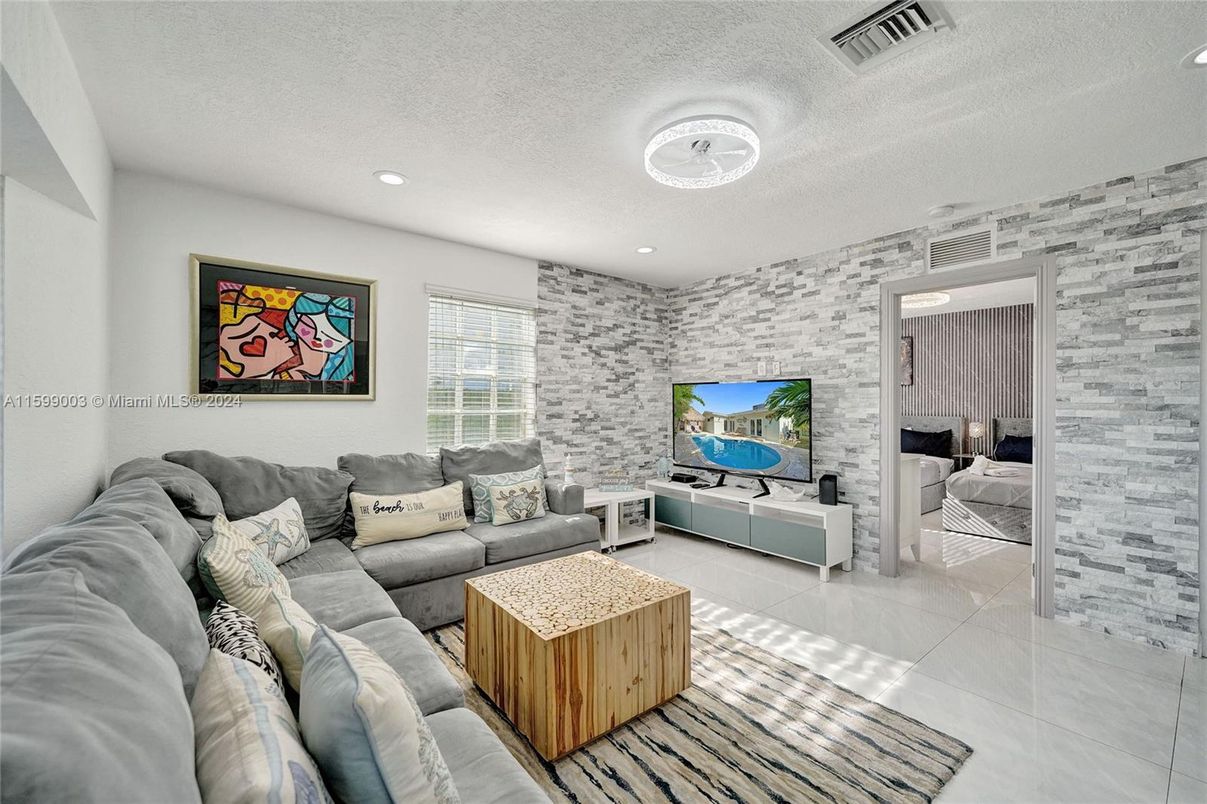 Interior, Living room, Recessed Lighting, Stone Walls