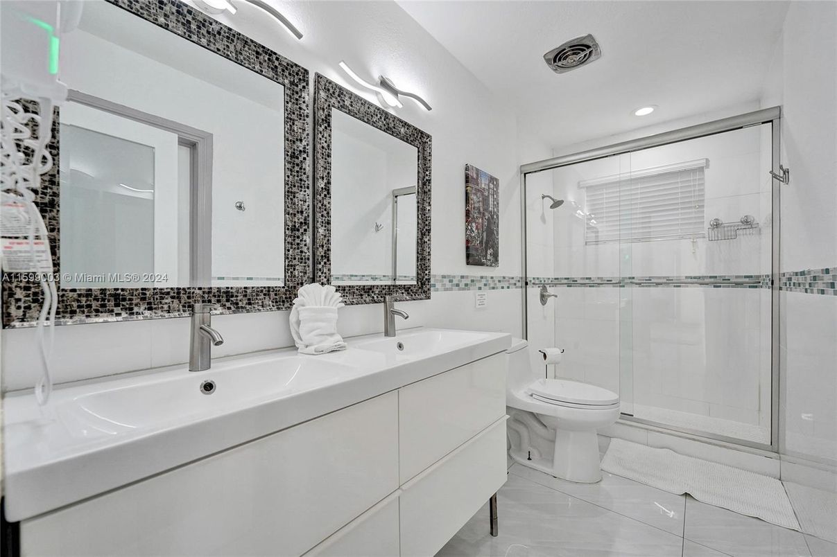 Bathroom, Dual Sink Vanities, Glass Shower, Interior, Recessed Lighting