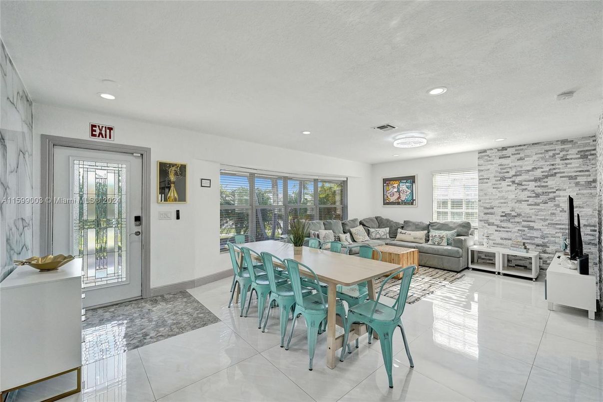 Dining room, Interior, Living room, Recessed Lighting, Stone Walls