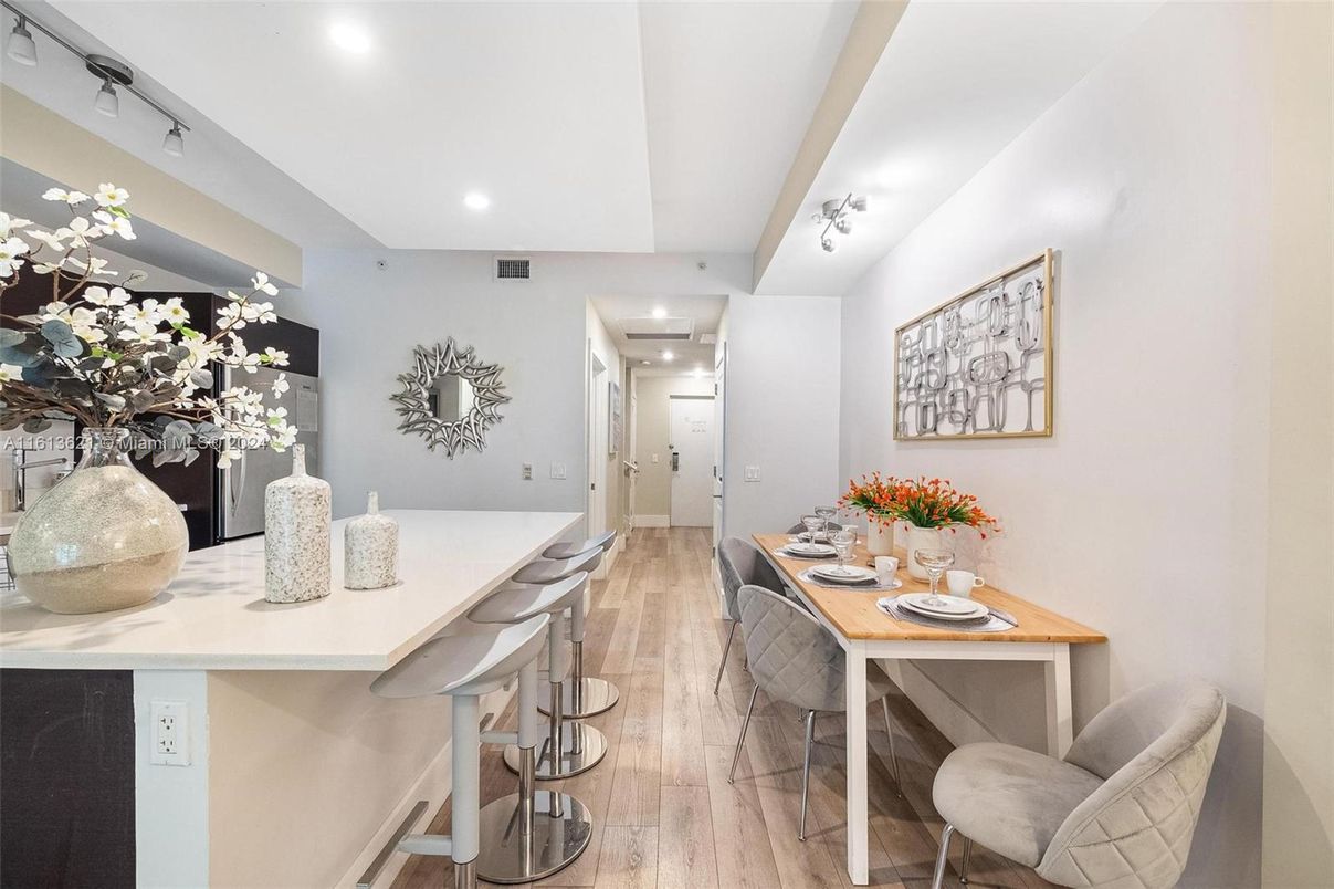 Dining room, Interior, Recessed Lighting, Wood Texture Flooring