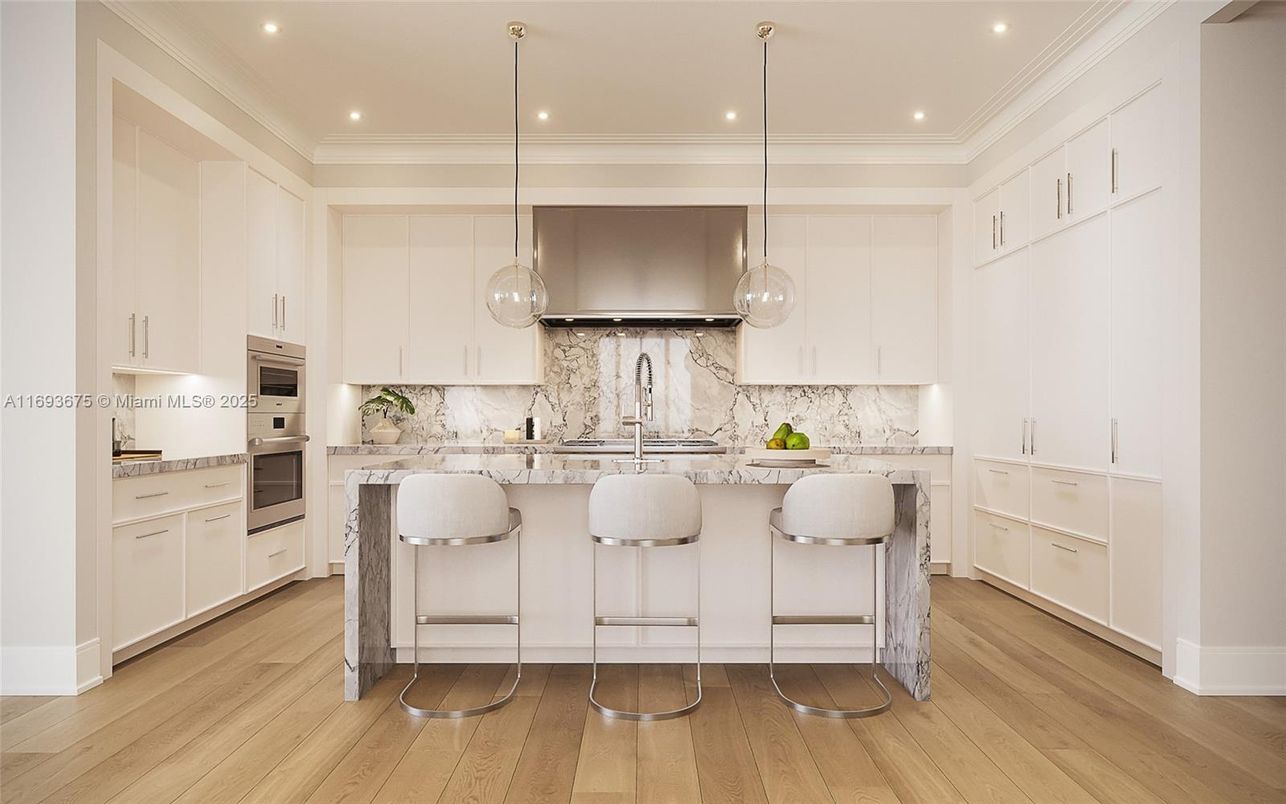 Interior, Kitchen, Marble Walls, Pendant Lights, Recessed Lighting, Stainless Steel Appliances, Wood Texture Flooring