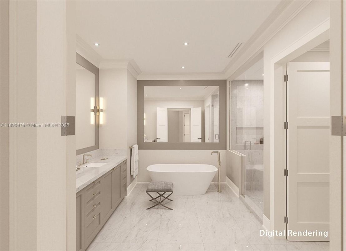 Bathroom, Dual Sink Vanities, Free Standing Baths, Glass Shower, Interior, Marble, Recessed Lighting