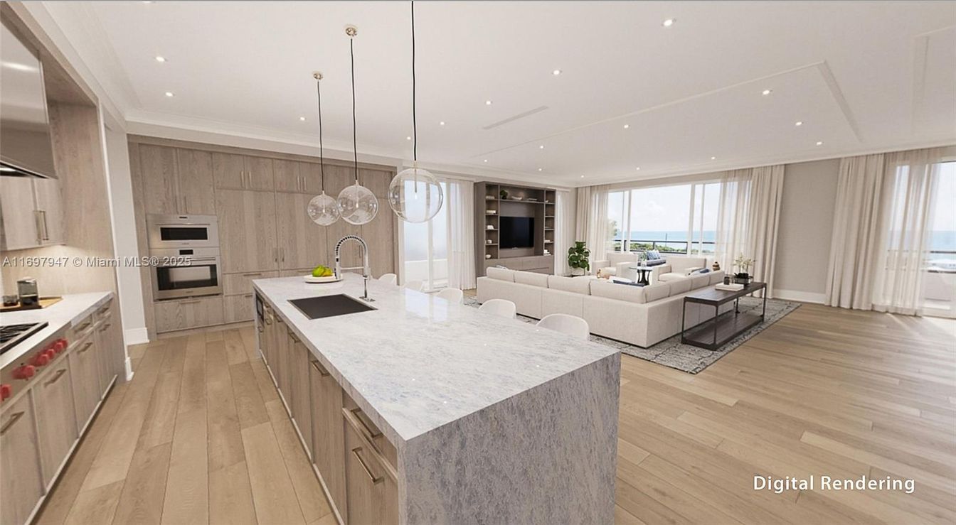 Interior, Kitchen, Living room, Pendant Lights, Recessed Lighting, Stainless Steel Appliances, Water, Wood Texture Flooring