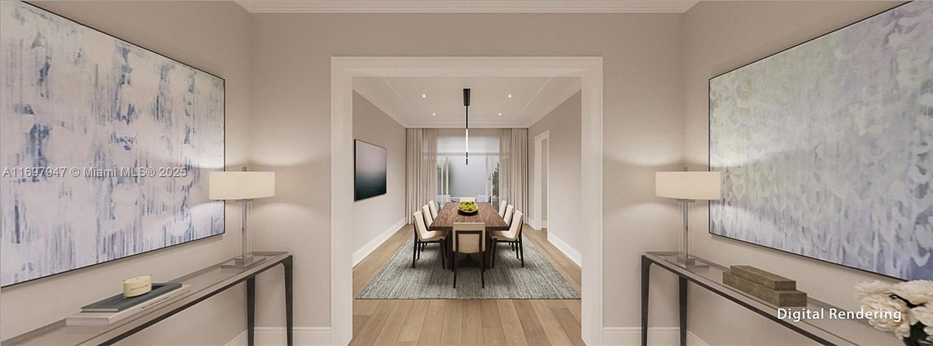 Dining room, Interior, Recessed Lighting, Wood Texture Flooring