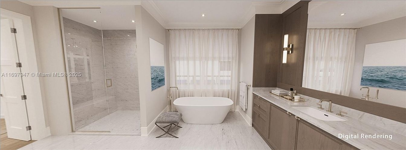 Bathroom, Dual Sink Vanities, Free Standing Baths, Glass Shower, Interior, Marble, Marble Walls, Recessed Lighting, Water