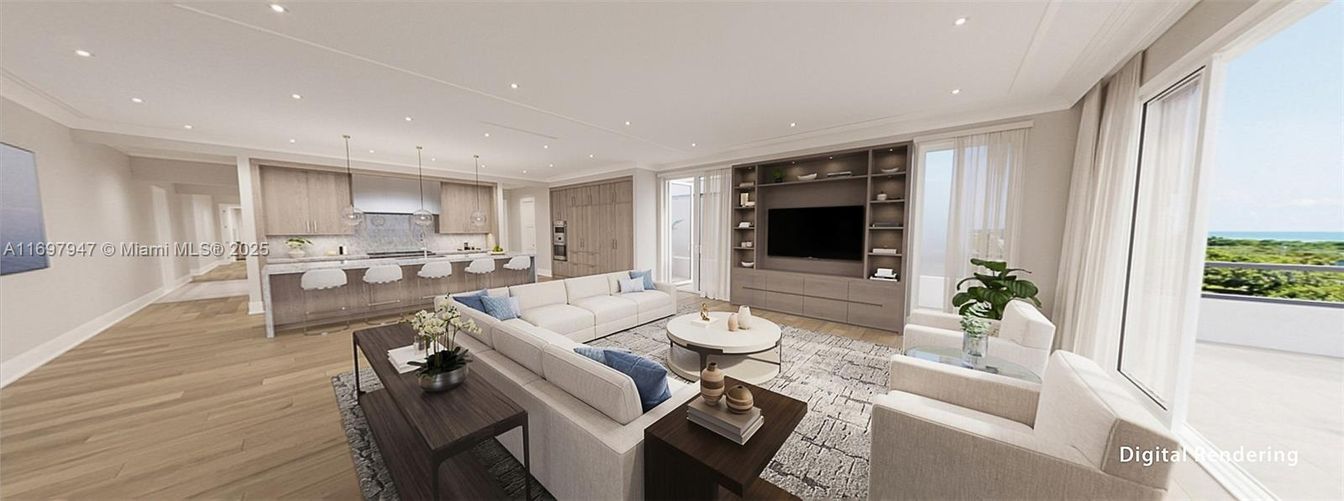 Interior, Kitchen, Living room, Pendant Lights, Recessed Lighting, Water, Wood Texture Flooring