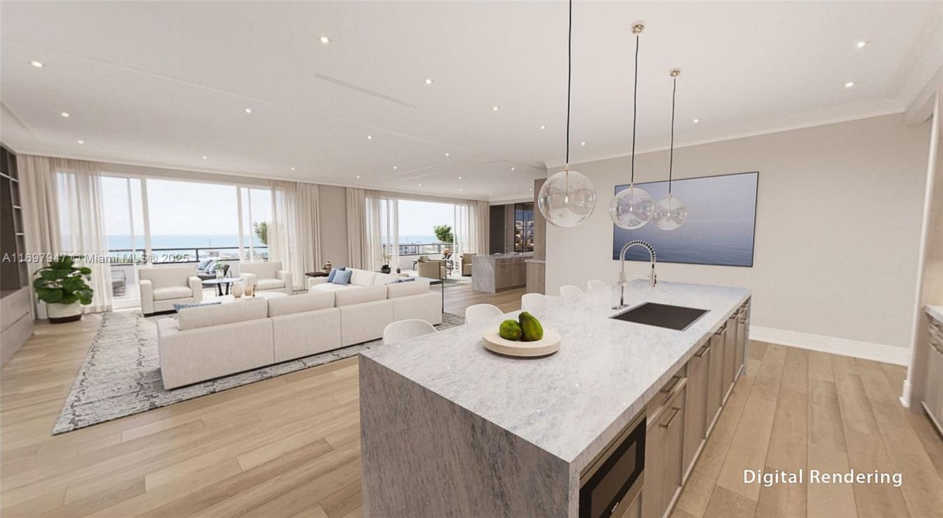 Interior, Kitchen, Living room, Pendant Lights, Recessed Lighting, Water, Wood Texture Flooring