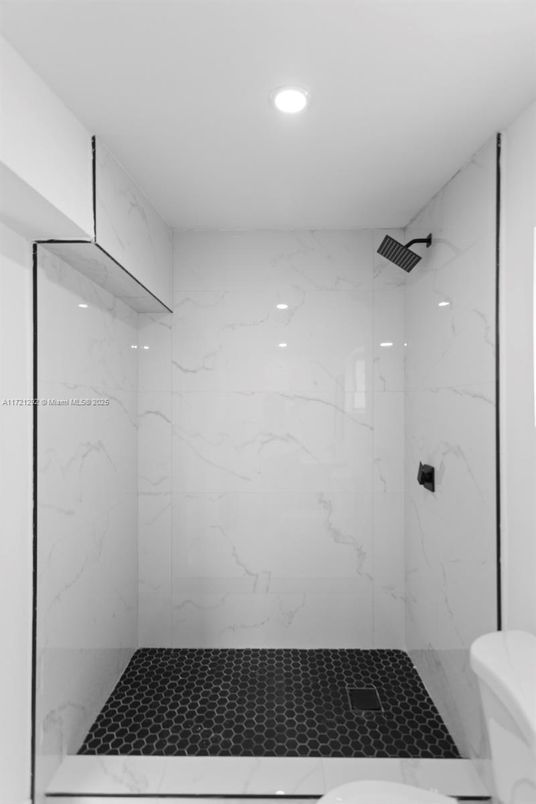 Bathroom, Glass Shower, Interior, Marble Walls, Recessed Lighting
