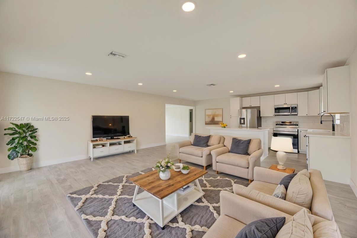 Interior, Kitchen, Living room, Recessed Lighting, Stainless Steel Appliances, Wood Texture Flooring