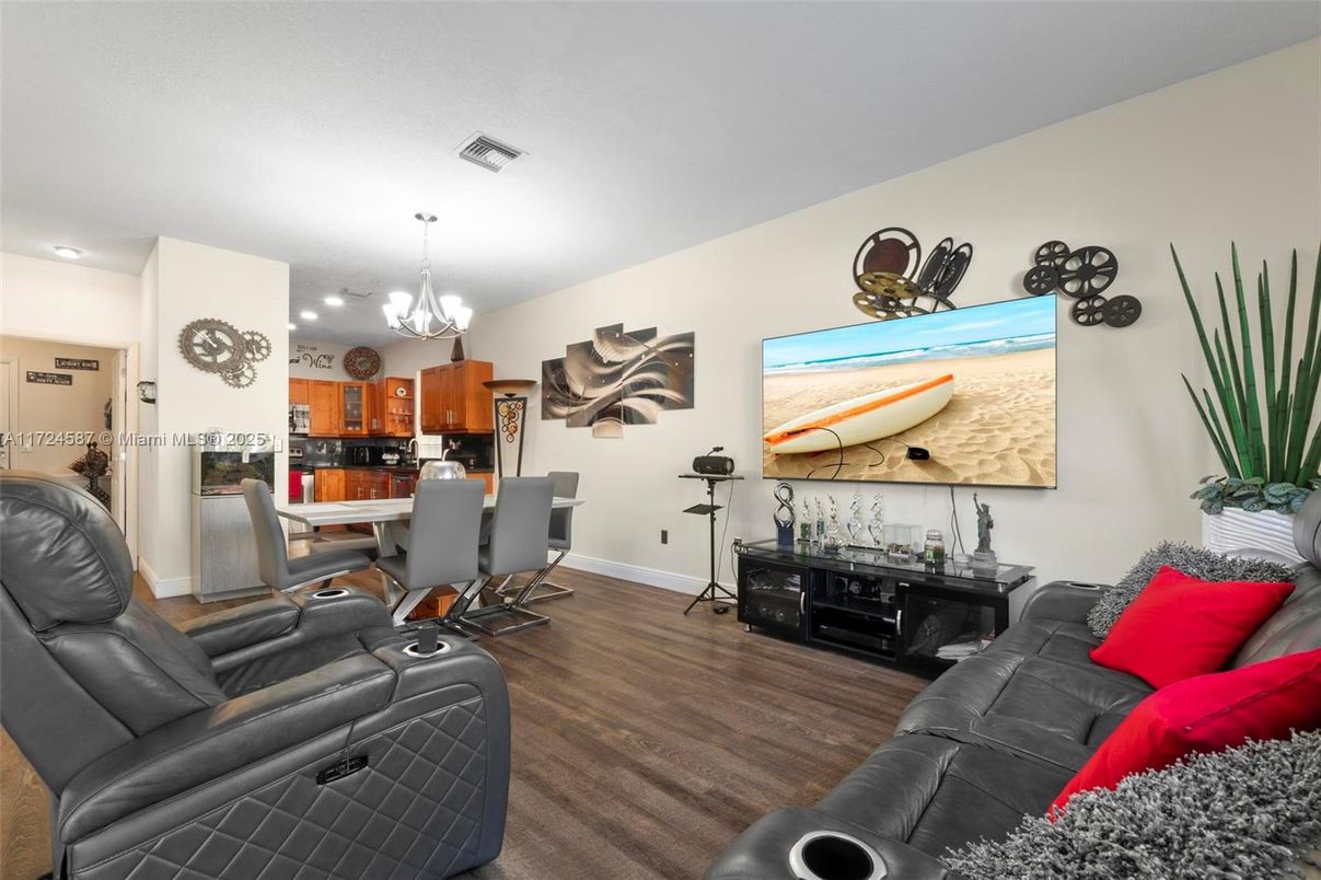 Chandelier, Dining room, Interior, Kitchen, Living room, Recessed Lighting, Wood Texture Flooring