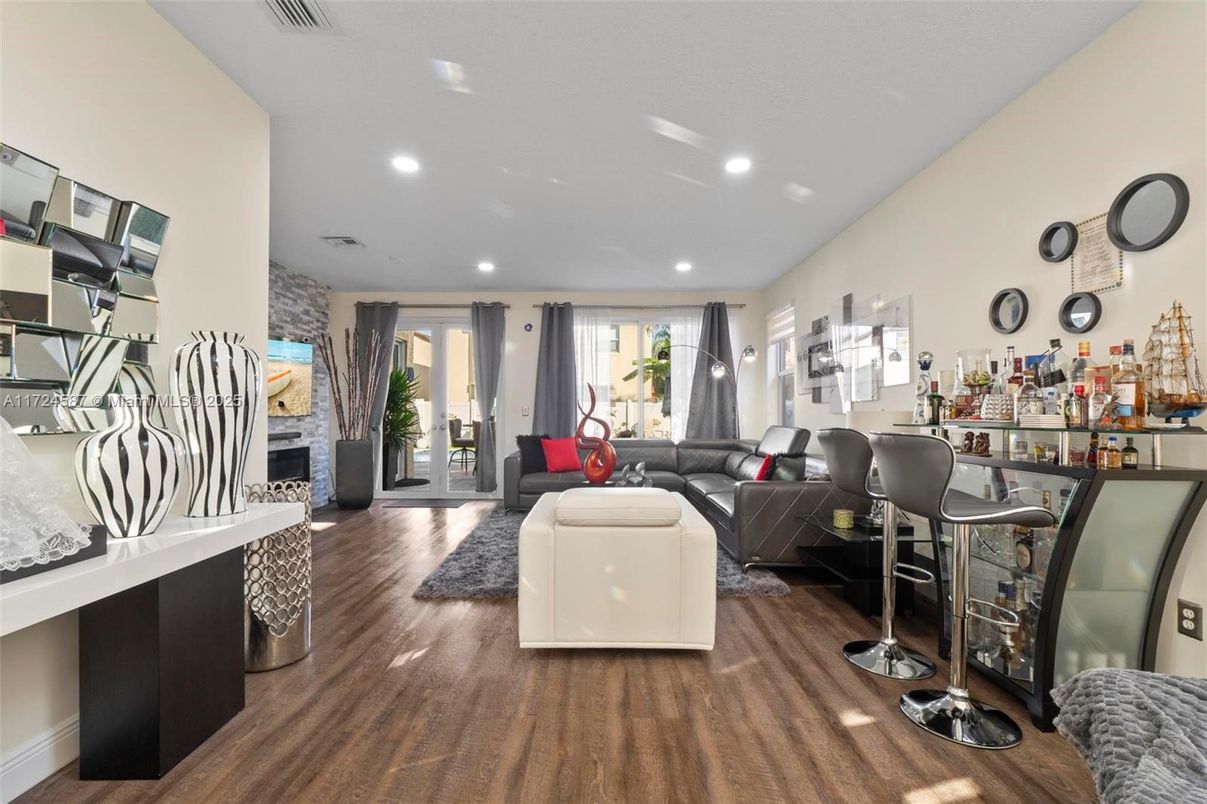 Fireplace, Interior, Living room, Recessed Lighting, Wood Texture Flooring